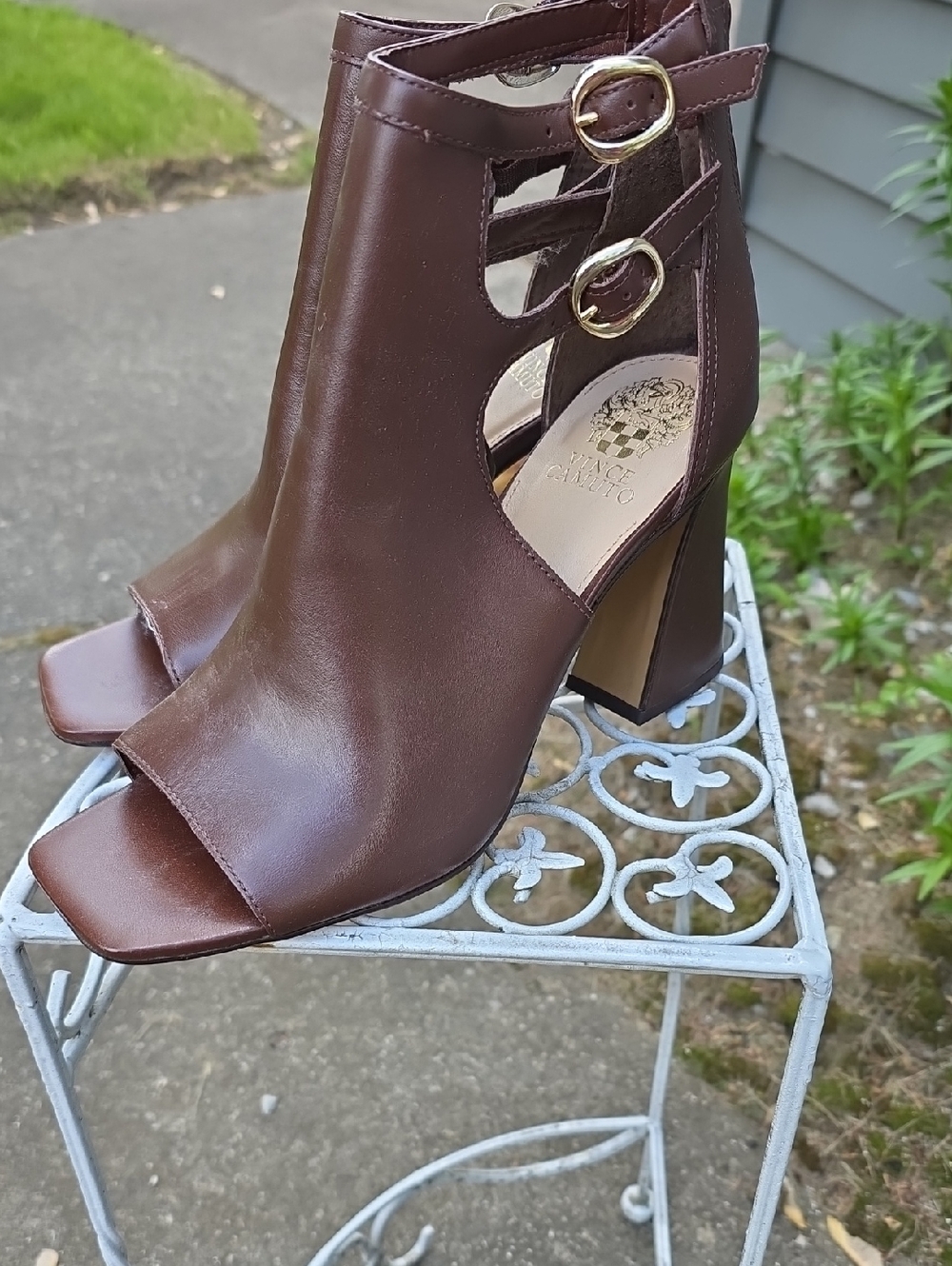 Vince Camuto Chocolate Brown Open-Toe Buckle Block Heels